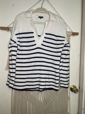 Rails Striped Fuzzy Navy White Cashmere blend Cardigan Oversized Sweater Xsmall